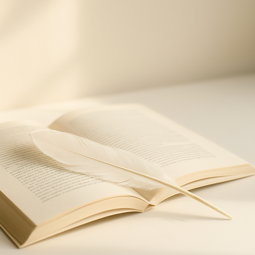 Pană deschisă pe o carte, lumină caldă